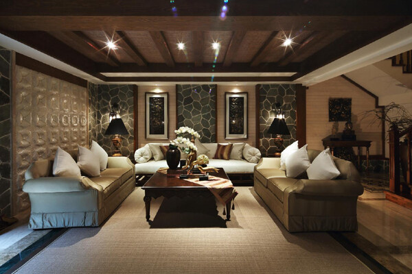 新中式客厅实木天花板室内装修效果图