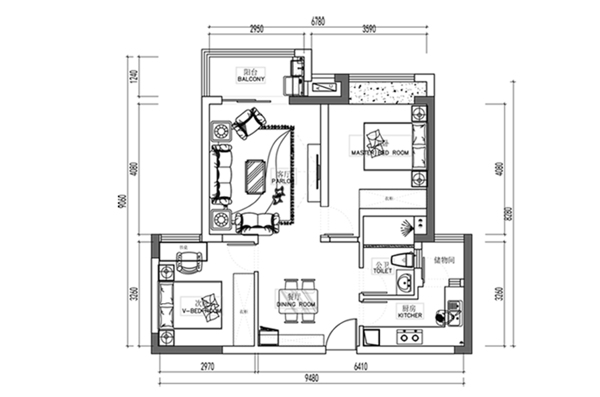 高层小两居户型CAD平面图