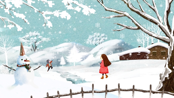 唯美小雪大雪雪地雪景冬季风景插画