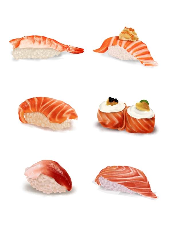 手绘美食日料海鲜三文鱼寿司元素合集