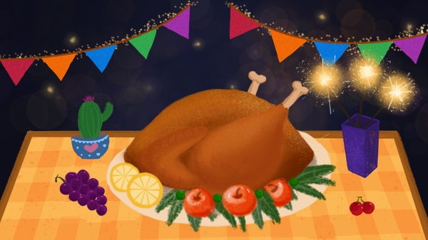 感恩节晚餐美食火鸡卡通插画