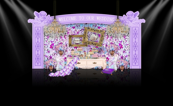 淡紫色花墙水晶灯吊顶婚礼甜品茶歇区效果图