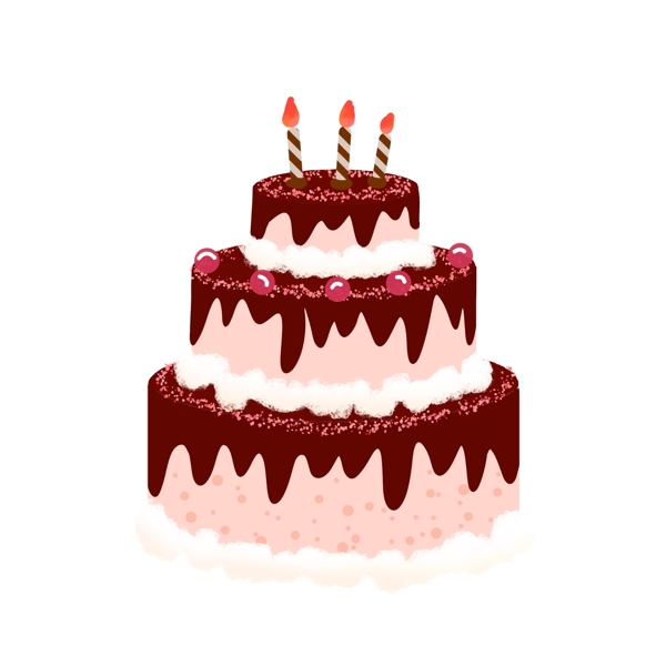 卡通可爱三层巧克力樱桃粉红带蜡烛生日蛋糕
