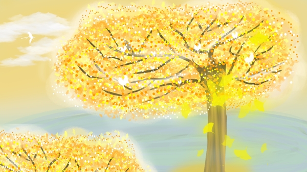 彩绘秋季大树落叶背景素材