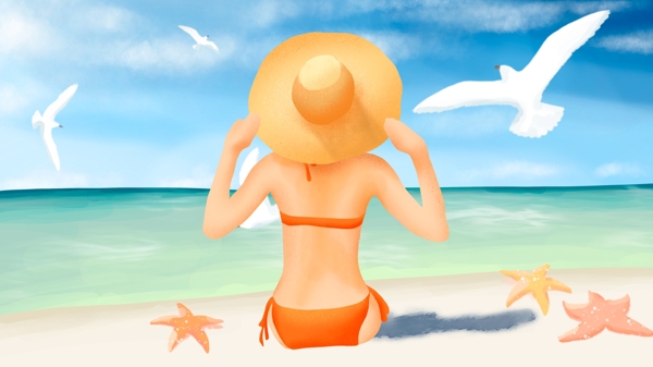 海边旅游度假在沙滩上看海看海鸥的泳装女孩