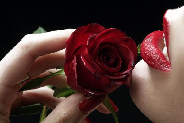 玫瑰花与性感女性嘴唇特写图片