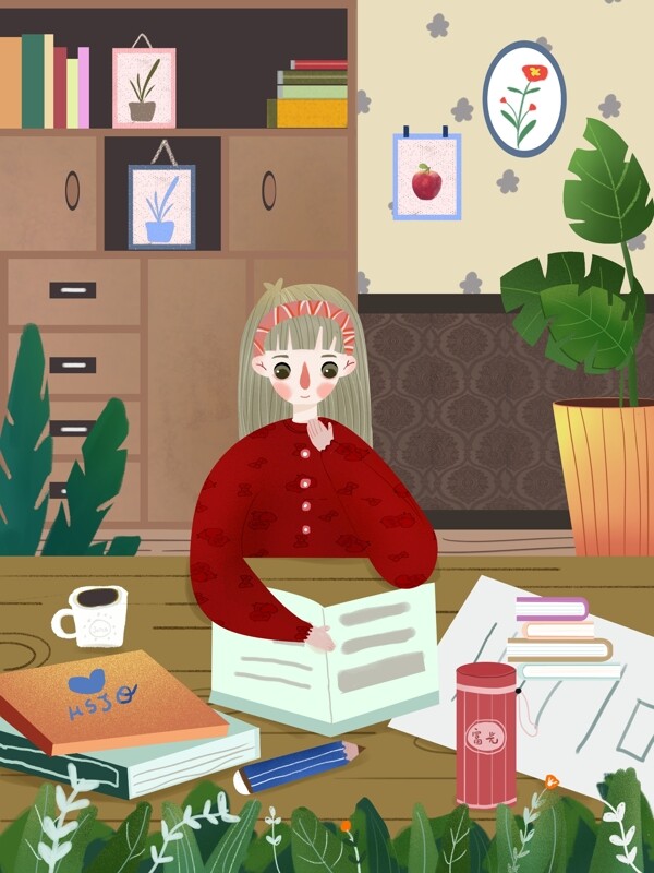 六月你好之少女室內(nèi)學習插畫