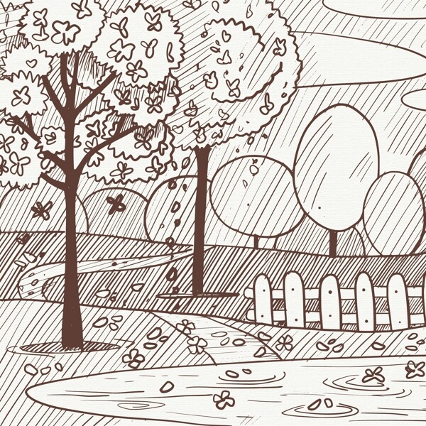 手绘春季花园池塘插图