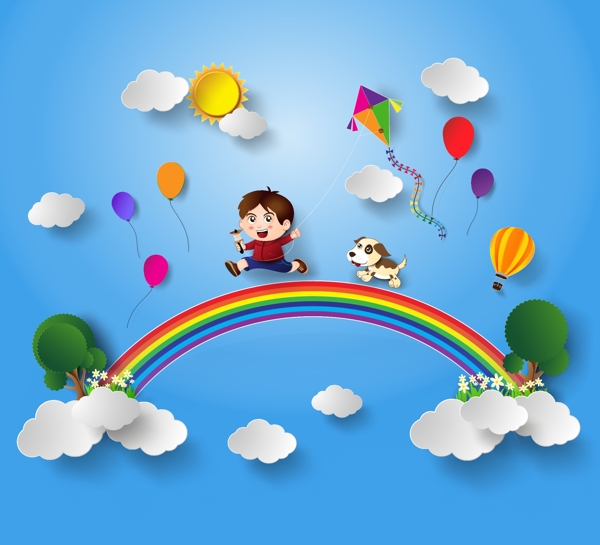 创意趣味彩虹上的孩子插画