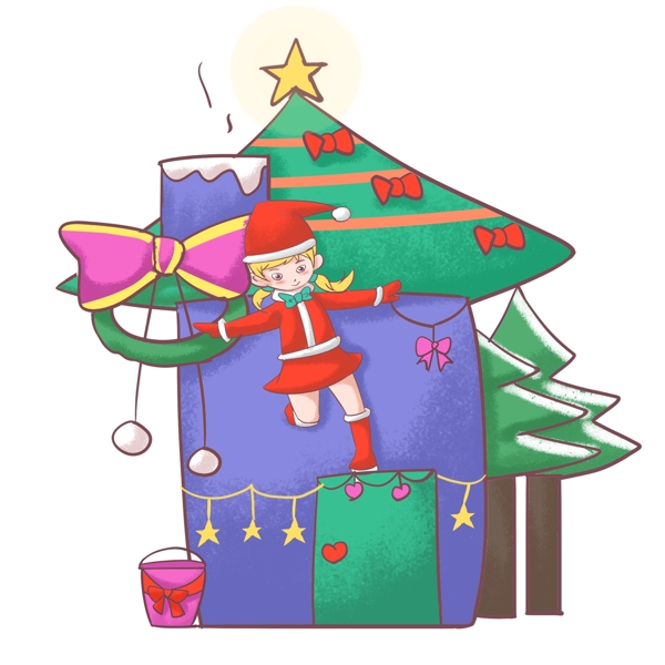圣诞节小女孩与礼物山插画