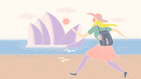 原创复古肌理世界旅游日悉尼歌剧院女孩插画