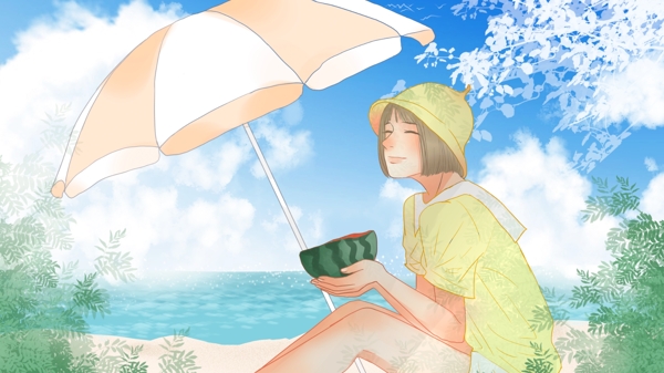 简约清新夏天坐在海边吃西瓜的少女