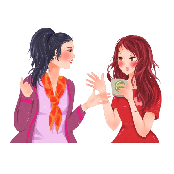 喝茶谈话的女生卡通元素