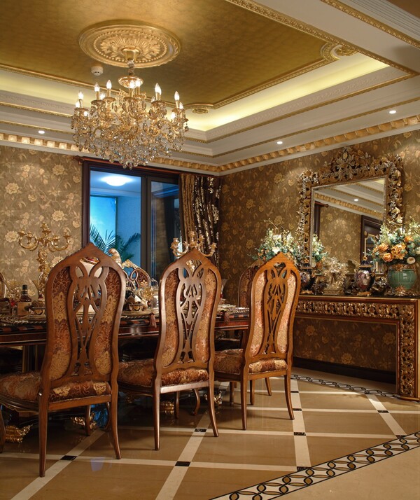豪華餐廳餐桌背景墻設計圖