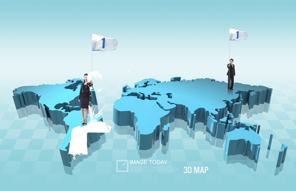 蓝色立体世界地图上的商务女士