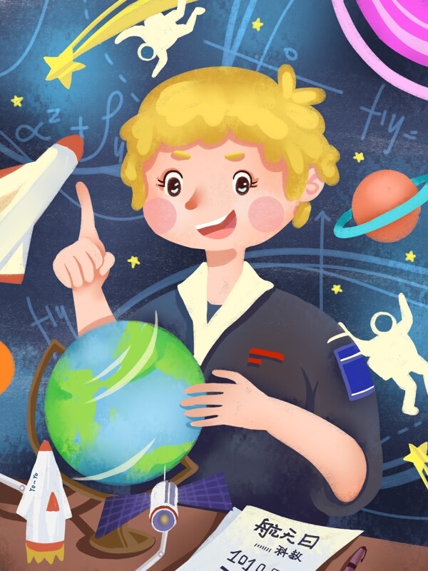 航天日航天员科技地球小男孩星星飞船插画