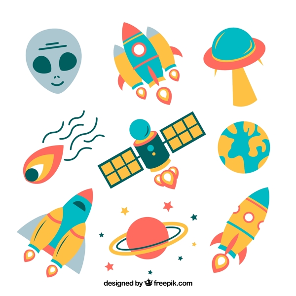 火箭飞碟与外星人元素矢量图