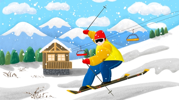 冬季户外滑雪肌理写实插画
