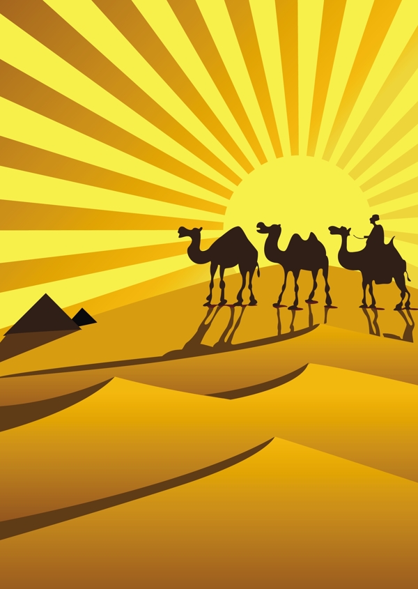 在金色的沙漠骆驼剪影矢量素材