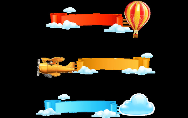卡通宣传热气球直升机白云条幅png元素