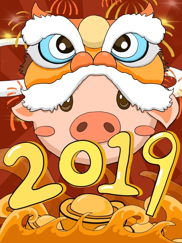 卡通可爱描边风格2019猪年大吉红色经典插画