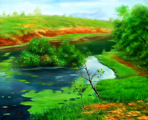 春天河流风景油画写生图片