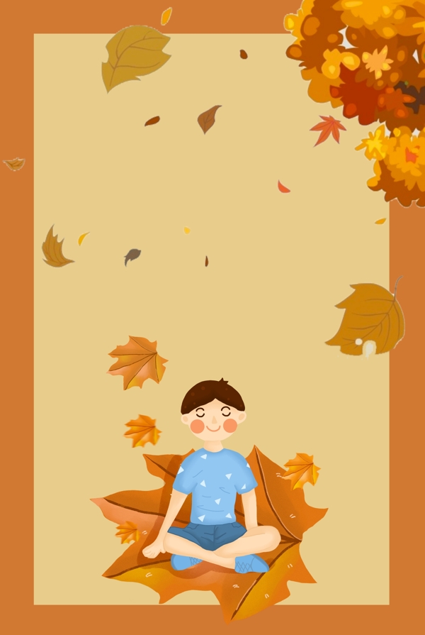 秋天落叶下的男孩展板背景板