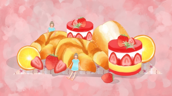 清新可爱手绘草莓蛋糕面包和女孩