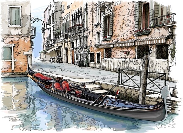 水彩画威尼斯建筑和船