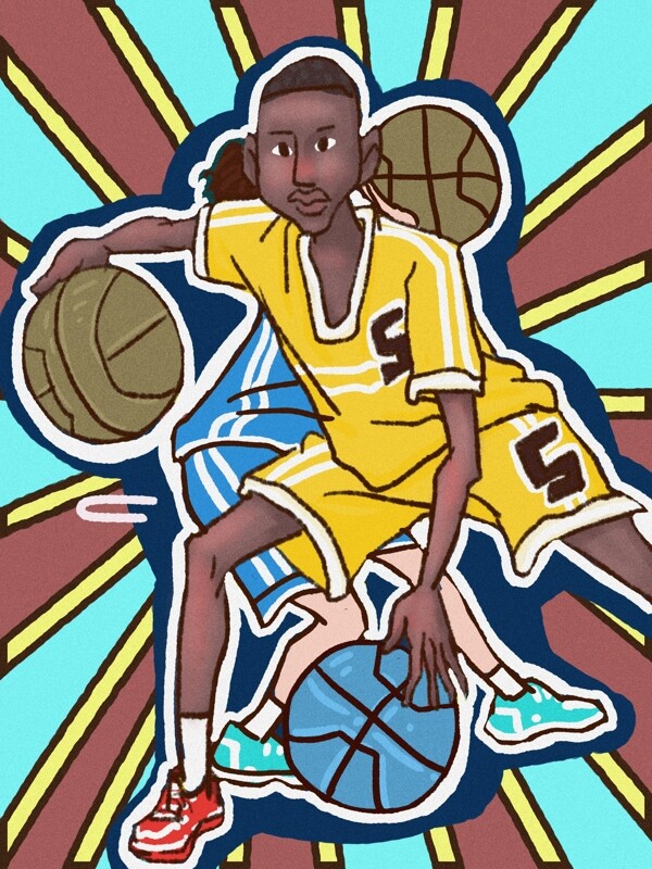原创插画国际篮球日卡通男孩打球