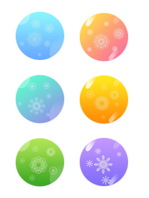 彩色渐变圆形各式雪花图案装饰元素