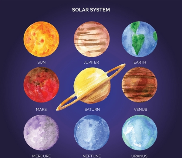 水彩绘太阳系行星图片