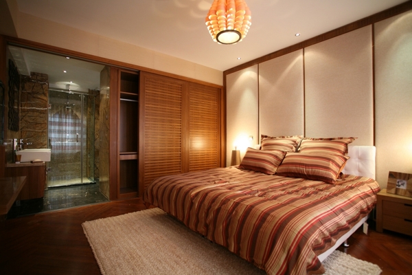 现代时尚卧室红色条纹床品室内装修效果图