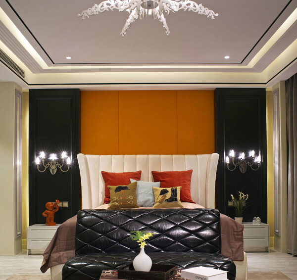 现代时尚卧室土黄色背景墙室内装修效果图