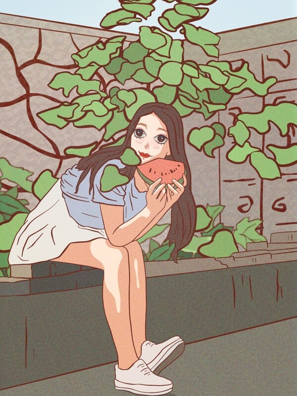 立夏你好之青春美少女夏天坐在石头吃瓜