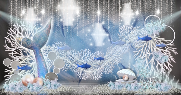海洋世界鱼鳞纹美人鱼雕塑珊瑚婚礼效果图