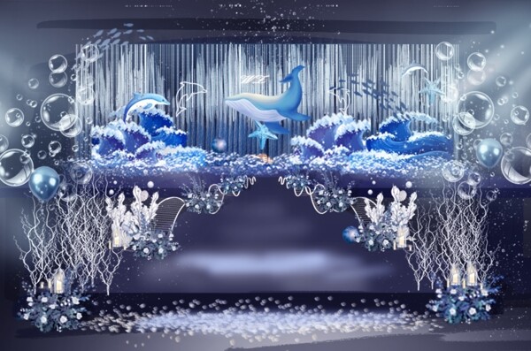 蓝色海洋风格婚礼仪式区舞台效果图