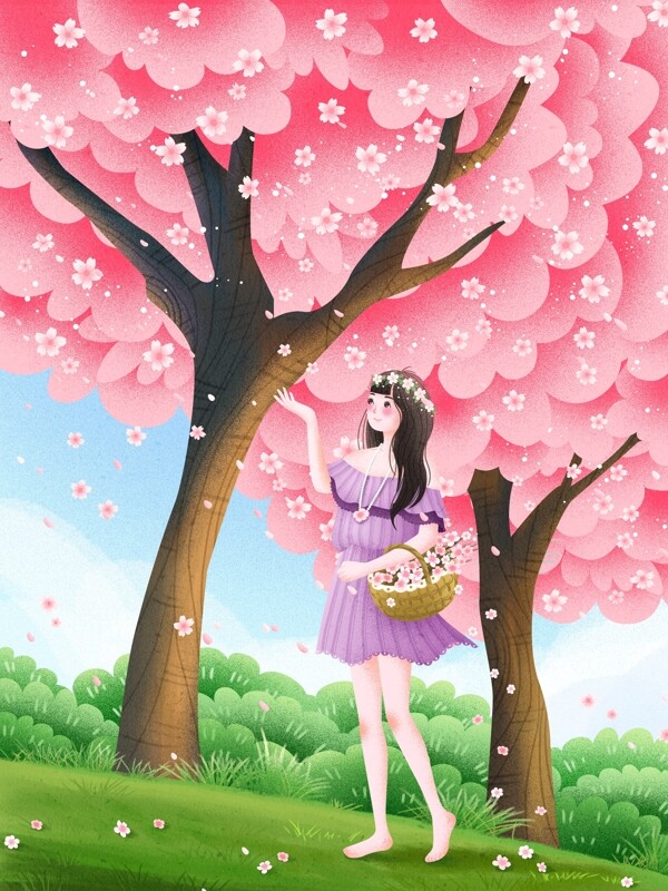 日本樱花季节清新唯美女孩赏樱手绘插画