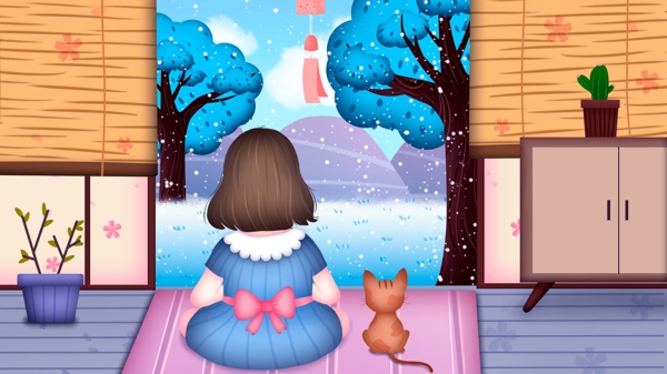 冬季室内女孩赏雪景插画