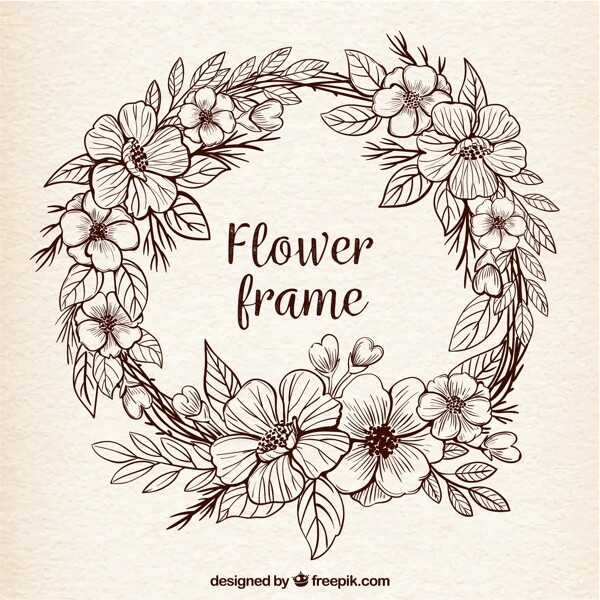 手绘线描花卉花环素材