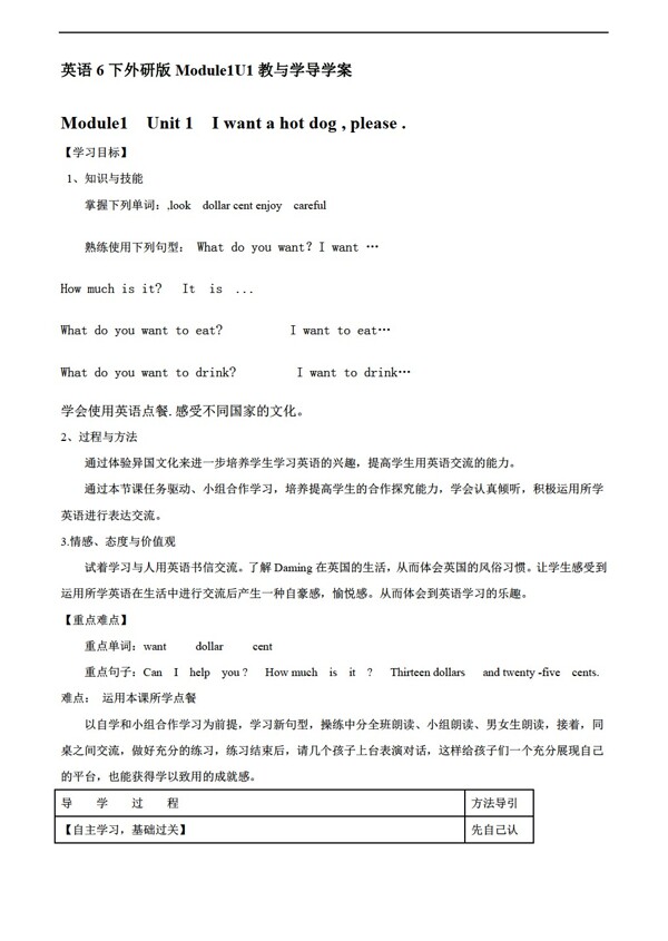 六年級(jí)下英語(yǔ)Module1Unit1Iwantahotdogplease.教與學(xué)導(dǎo)學(xué)案