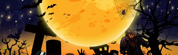 橙色蝙蝠鬼屋万圣节banner背景