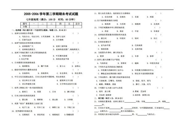 地理人教版七年級下學(xué)期期末考試