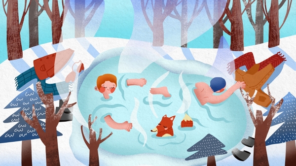 冬季雪景男孩在雪地里泡温泉清新唯美插画
