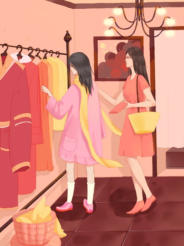 暖色女生節(jié)購物插畫