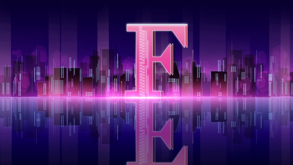 字母邂逅F城市渐变夜景高级紫电子科技海报
