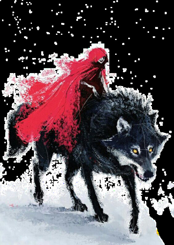 彩绘狼背上的红衣巫婆图案