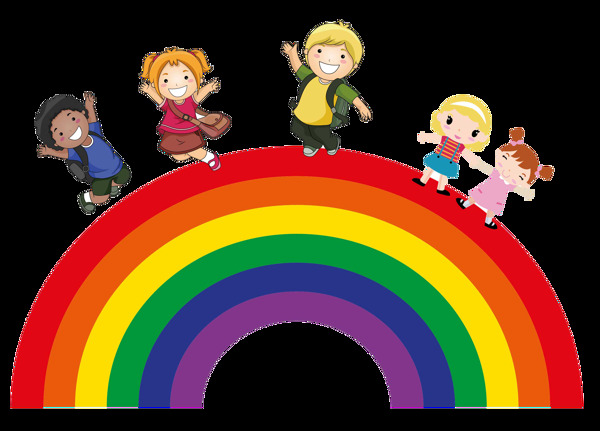 卡通儿童在彩虹桥玩耍png元素