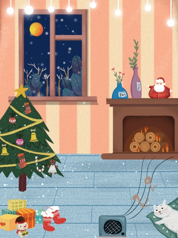 卡通冬天圣诞节室内插画背景