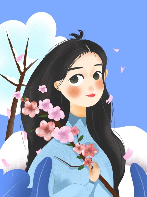 拿著花枝的女孩背景設(shè)計(jì)